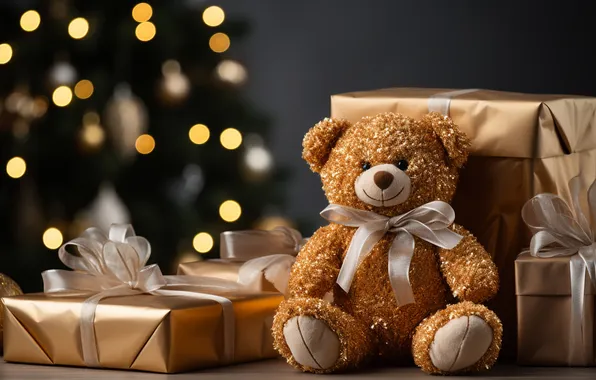 The dark background, toy, bear, Christmas, bear, gifts, New year, bear