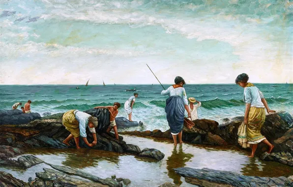 Water, People, Picture, Coast, Peder Mork Monsted, Danish painter, Peder Mork Monsted, On the sea …