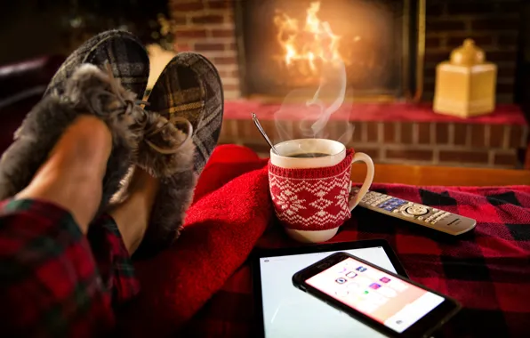 Picture room, feet, remote, mug, fireplace, smartphone, Slippers