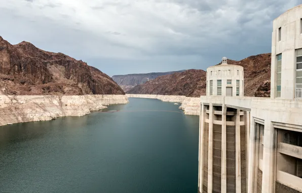 Rock, sky, cloud, mountain, lake, canyon, dam, mead