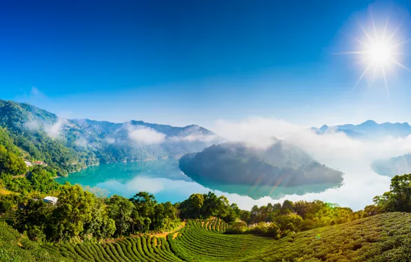 The sky, the sun, clouds, rays, trees, mountains, lake, house