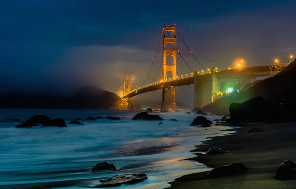 Landscape, mountains, night, bridge, Strait, stones, shore, lighting