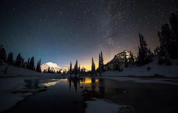 Winter, stars, snow, mountains, the milky way, Rainier National Park