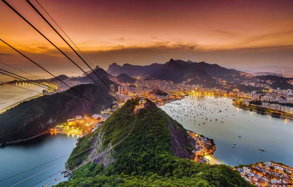 Sea, landscape, view, mountain, glow, Brazil, Rio de Janeiro, cable car