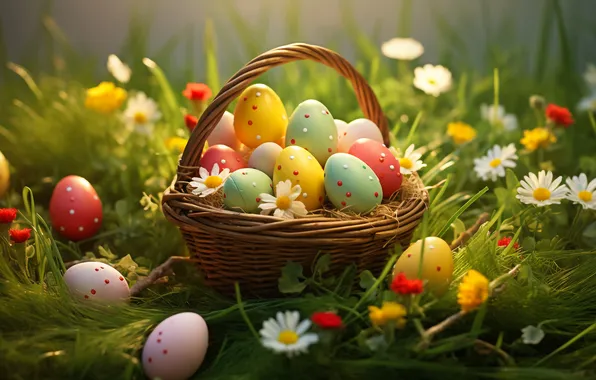 Picture flowers, basket, glade, eggs, spring, colorful, Easter, happy