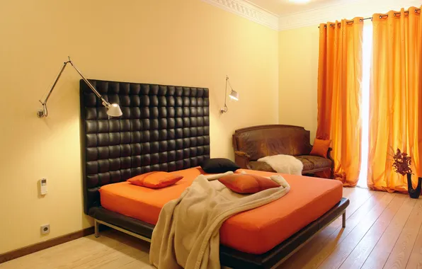 Sofa, lamp, bed, window, pillow, bedroom