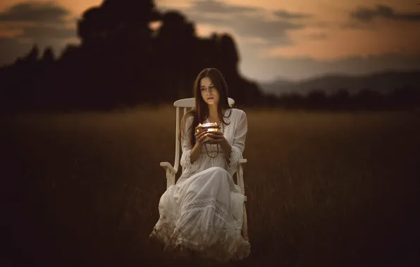 Field, autumn, look, girl, light, white, sadness, chair