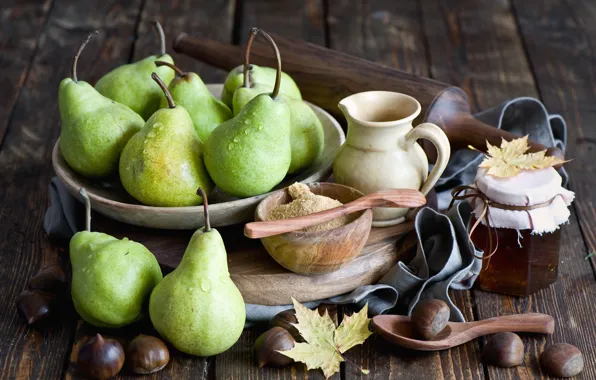 Picture autumn, leaves, honey, fruit, still life, pear, jar, chestnuts