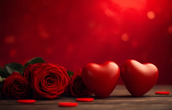 Roses, bouquet, heart, hearts, red, red background, Valentine's Day, two hearts