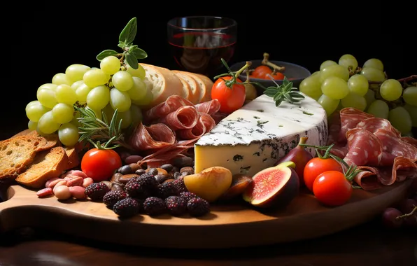Cheese, grapes, meat, fruit, still life, ham, AI art, neural network