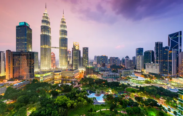 Night, skyscrapers, megapolis, Malaysia, Kuala Lumpur