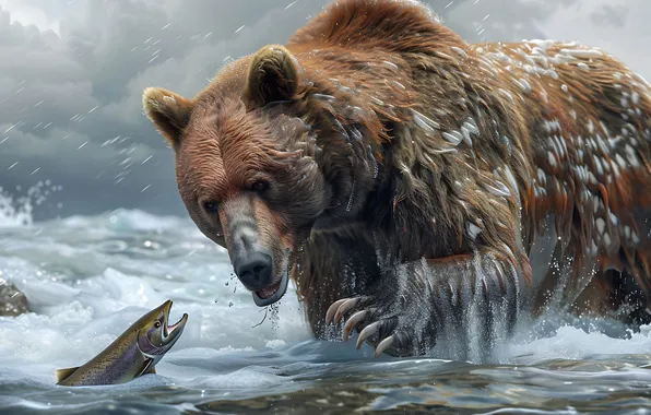 Picture Water, Look, Fish, Bear, Face, Predator, Claws, Digital art