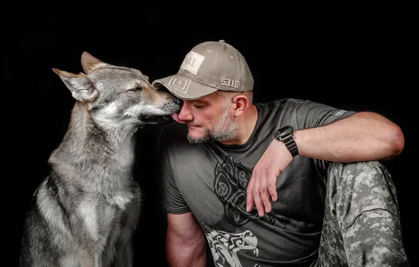 Dog, friendship, male, cap, friends, baseball cap, black background