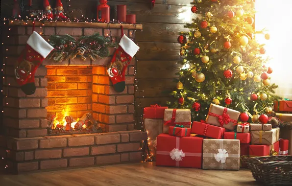 Picture gift, tree, new year, Christmas, fireplace, garland, 2023
