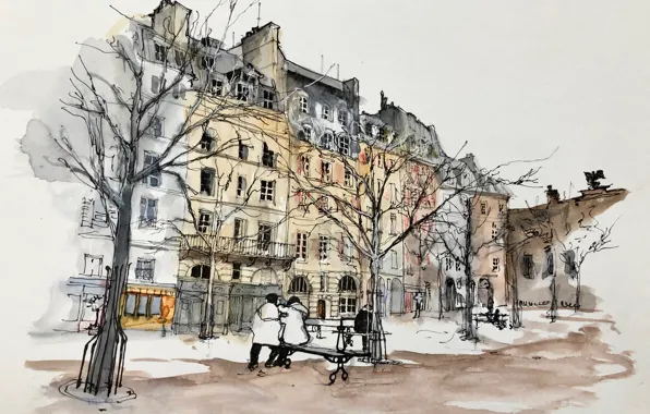 Figure, Paris, watercolor, square, the urban landscape