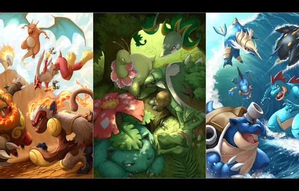 Fire, forest, ocean, Pokemon