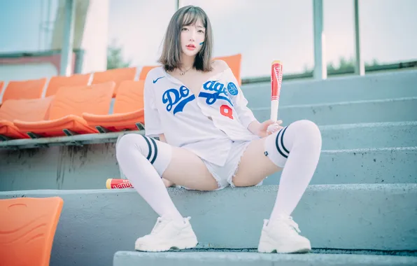 Picture Asian, model, women, women outdoors, Los Angeles Dodgers, thigh high socks, DJAWA, Son Ye-Eun