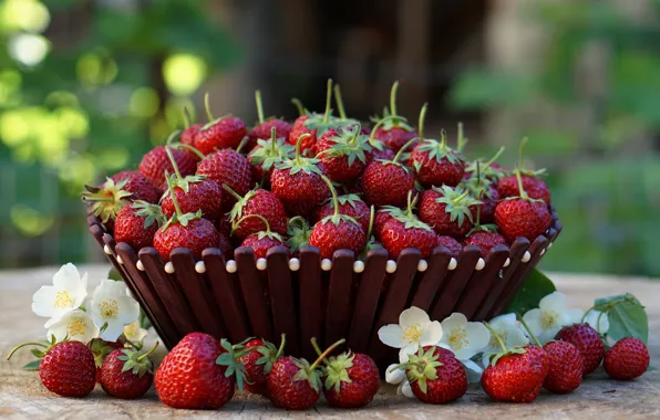 Picture red, berries, table, strawberry, flowers, bokeh