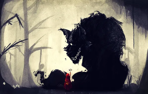 Forest, wolf, little red riding hood, mouth, corpses, toadstool