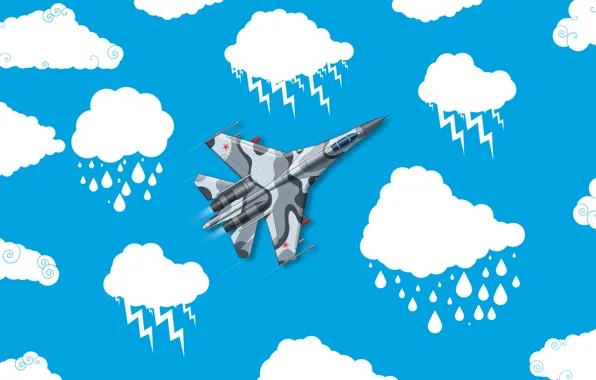 Clouds, Minimalism, The plane, Fighter, Russia, Art, The view from the top, Su-27