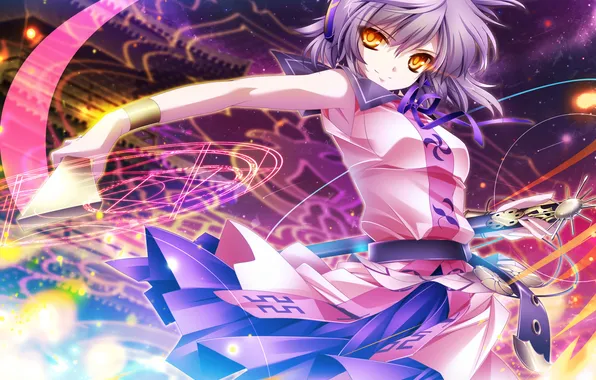 Girl, weapons, magic, katana, headphones, art, touhou, daifuku