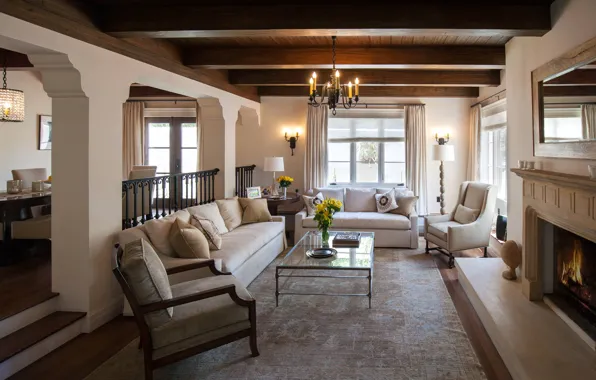 Wallpaper style, living room, fireplace, interior, Beautiful Mediterranean Living Room