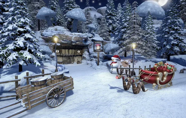 Forest, snowman, sleigh, cart, Christmas in Mushroom Land