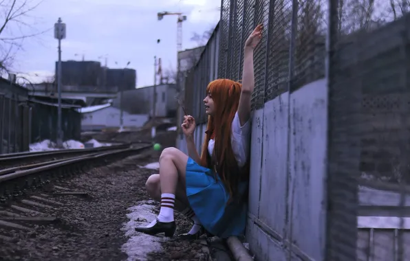 Snow, the fence, building, rails, outfit, railroad, image, red