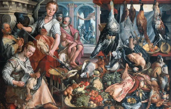 Picture oil, picture, Joachim Bacelar, 1566, Joachim Beuckelaer, Rich cuisine. In the background Jesus with Martha …