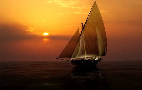 Sea, the sky, the sun, sunset, yacht, horizon, sail