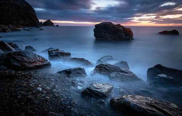 Sea, the sky, clouds, sunset, pebbles, stones, rocks, shore