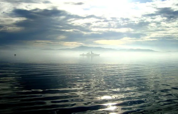 Picture wave, clouds, fog, ship