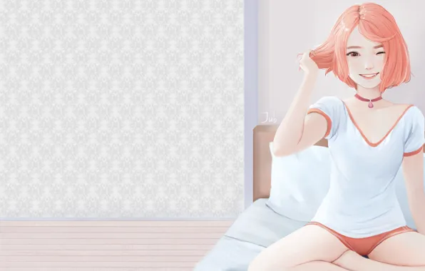 Girl, smile, room, mood, anime, art, Regian (Jubi), Laras in Bloomer