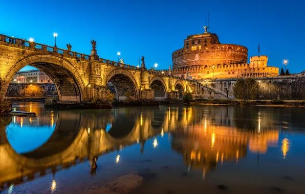The sky, light, night, bridge, old, the city, lights, reflection