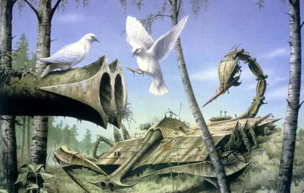 Forest, weapons, the world, silence, pigeons, RODNEY MATTHEWS, Peace at Last
