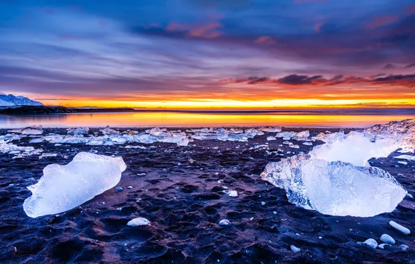 Ice, winter, the sky, clouds, landscape, sunset, blue, stones