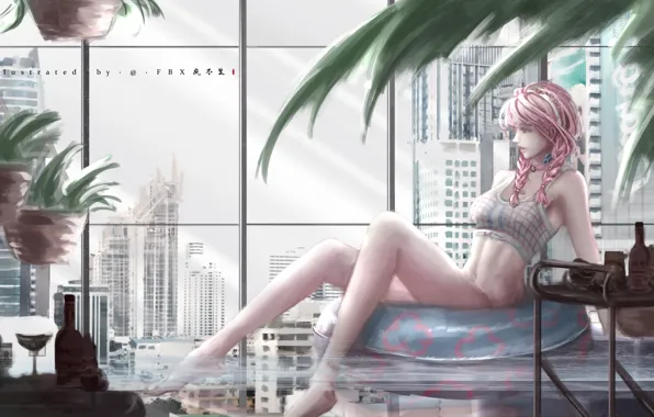 Girl, the city, pool, Arknights, Blue Poison