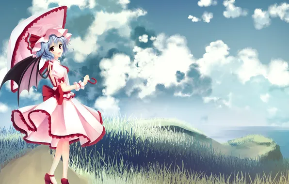 Sea, look, girl, joy, umbrella, the demon, touhou, art