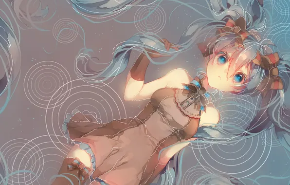 Picture water, girl, stockings, anime, art, vocaloid, hatsune miku, bows