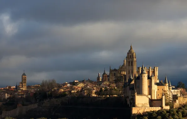 Picture the sky, landscape, clouds, castle, tower, Spain, Segovia