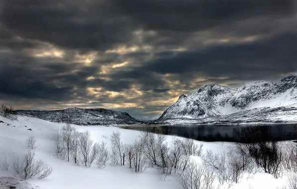 Picture winter, the sky, snow, mountains, clouds, river