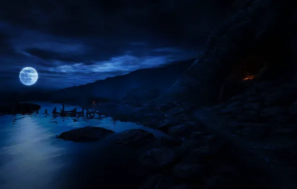 Surface, Beach, Night, Rocks, The moon, moon, rock, night