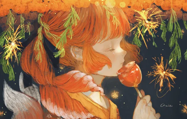 Girl, fireworks, toffee Apple