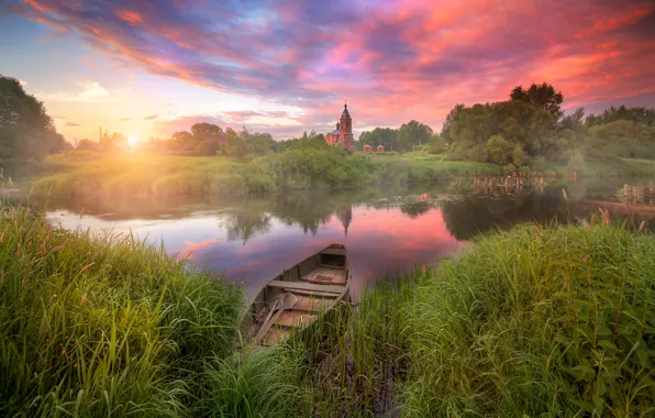 Picture landscape, nature, river, boat, village, morning, Church, grass