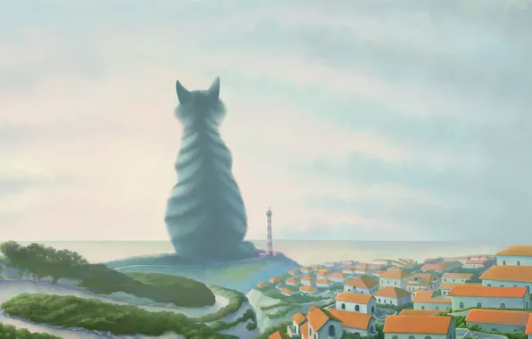 Picture the city, lighthouse, giant, Cat