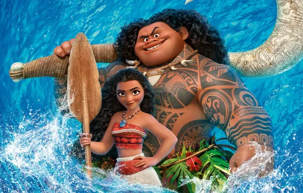 Picture water, blue, cartoon, girl, poster, paddle, Walt Disney Pictures, Maui