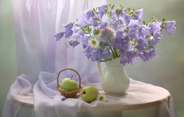 Flowers, table, apples, chamomile, vase, still life, bells, basket