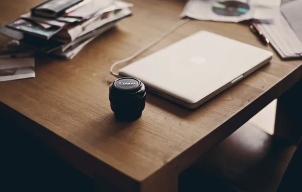 Apple, laptop, canon, table