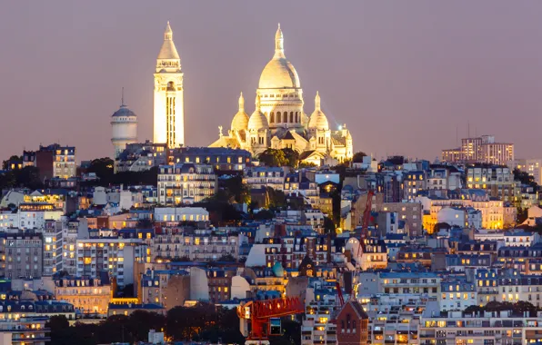 Picture night, lights, France, Paris, home, hill, Montmartre, sacré-Coeur
