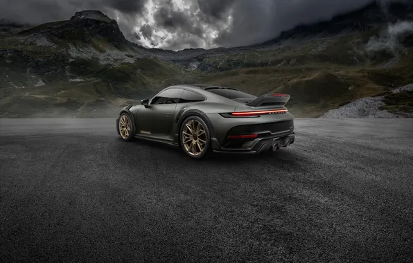 Porsche, Clouds, Porsche 911, Mountain, Monochrome, Road, Rear, TechART